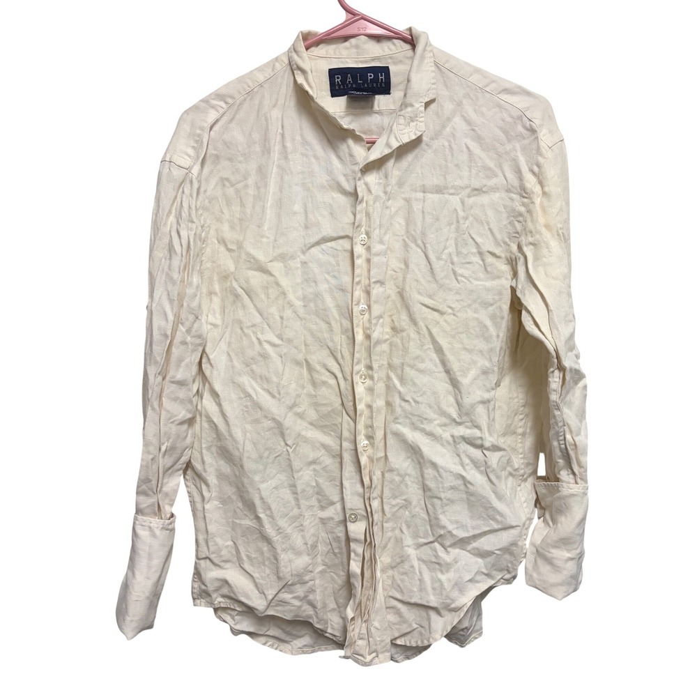 Vintage Ralph Ralph Lauren 100% Linen Button Down Shirt Cream Long Sleeve Size 2